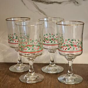 VTG Libbey Arby's Christmas Holly Berry Gold Trim 6 3/4" Tall Glasses Set 4